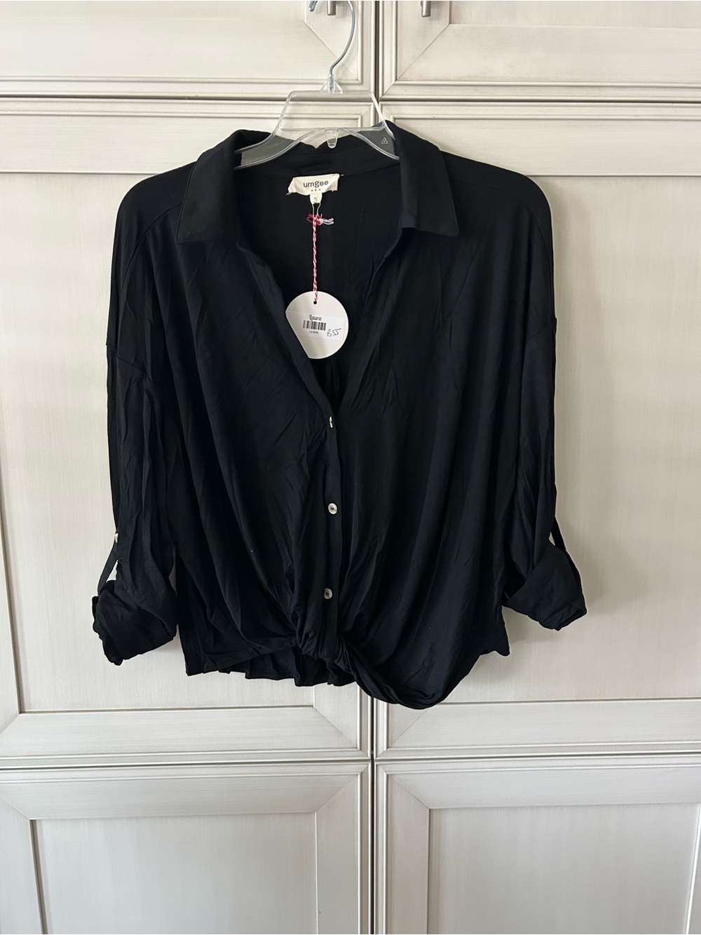Umgee Black Tie-Front Button Down Blouse